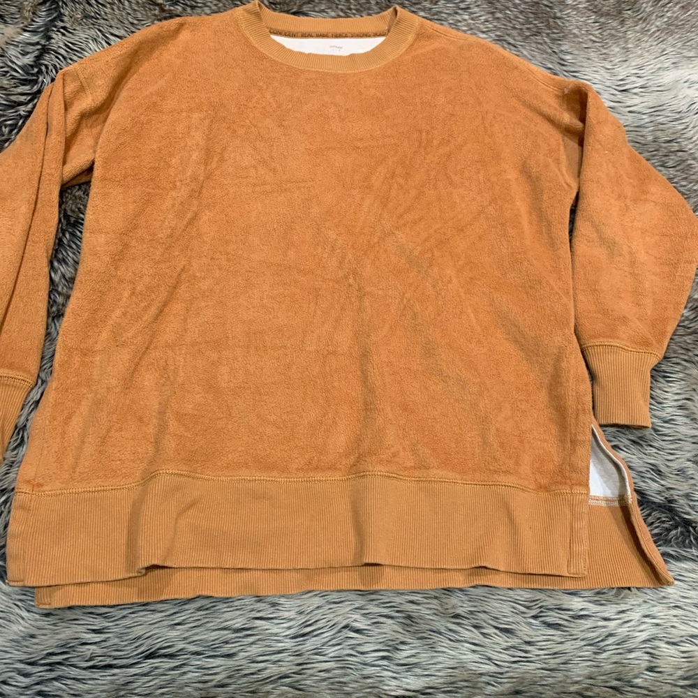 Aerie Coziest Crew burnt Orange Velour Oversized Side Slit Sweatshirt Size S